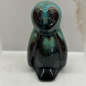 Vintage Mini Blue Mountain Pottery Barn Owl Figurine Green Drip Glaze 3" BMP